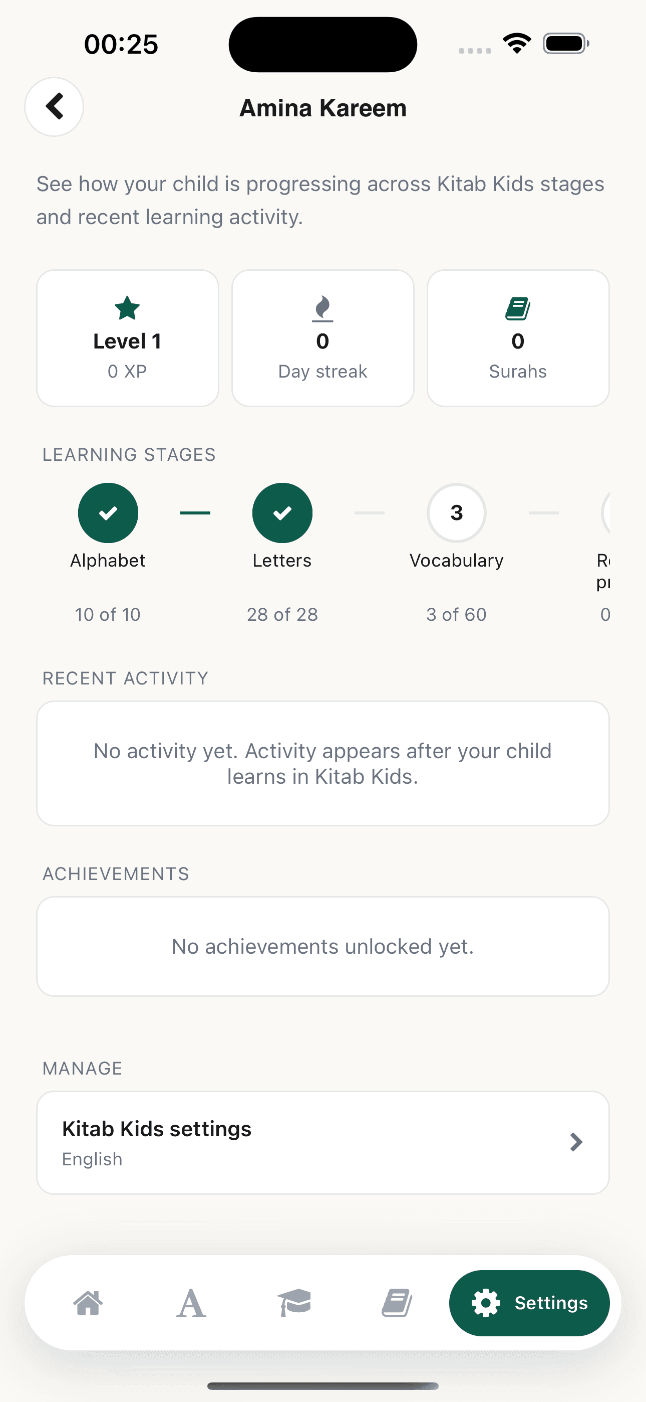 A parent viewing their child's real learning progress in Kitaab