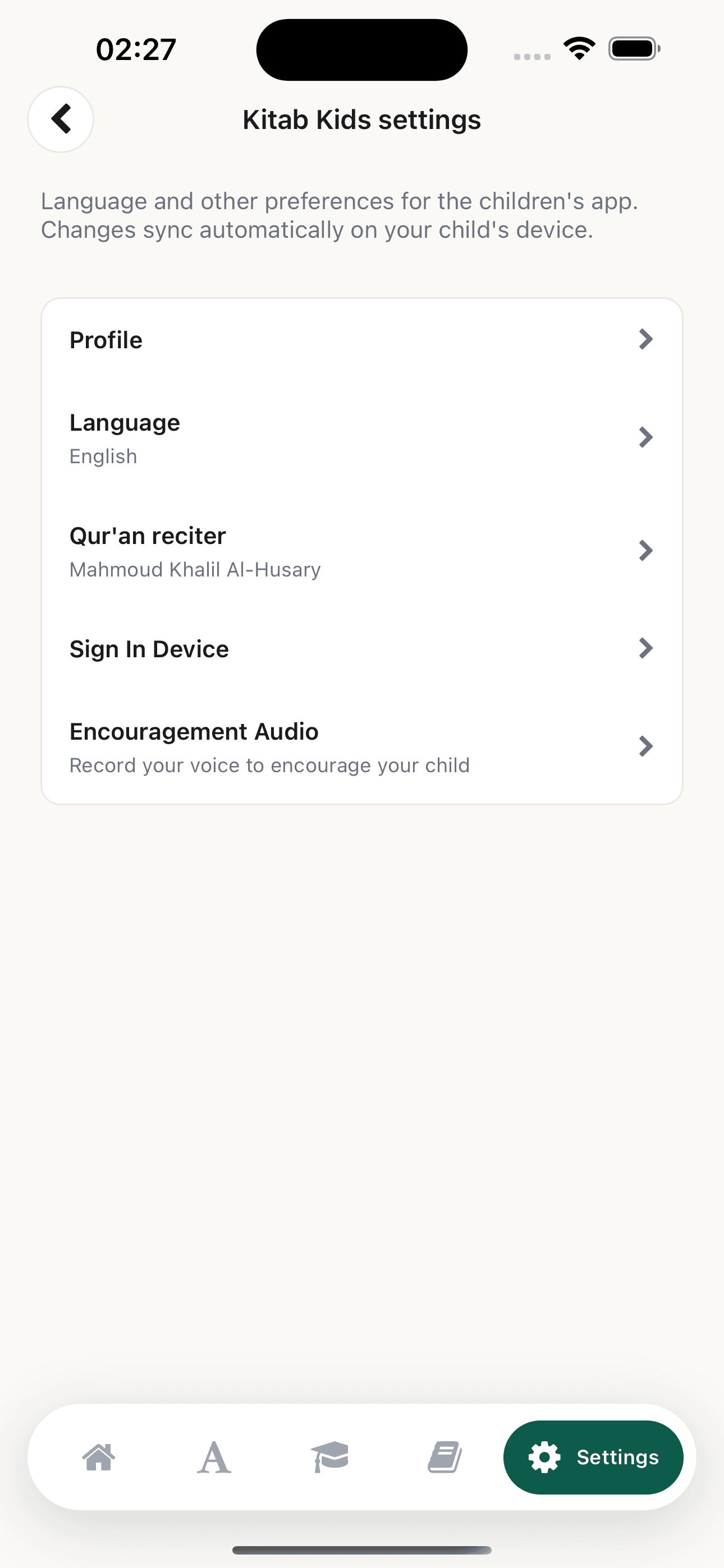 Kitaab's parent dashboard showing profile, language, Qur'an reciter, device sign-in and encouragement audio settings for a child