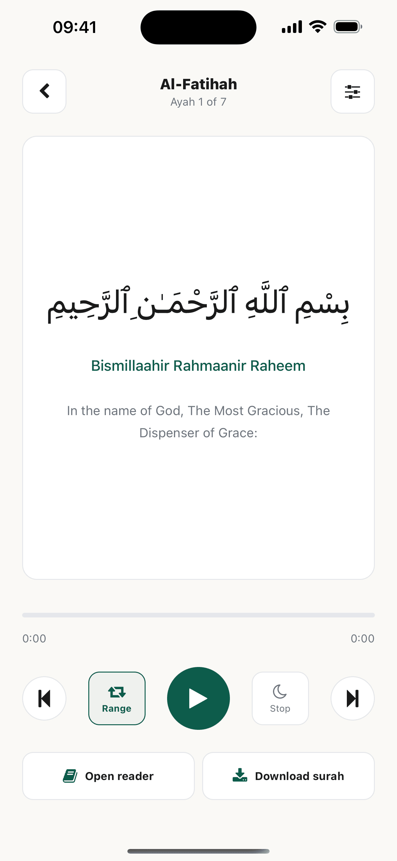 Kitaab Listening Mode playing Al-Fatihah with repeat, sleep timer, reader and download controls