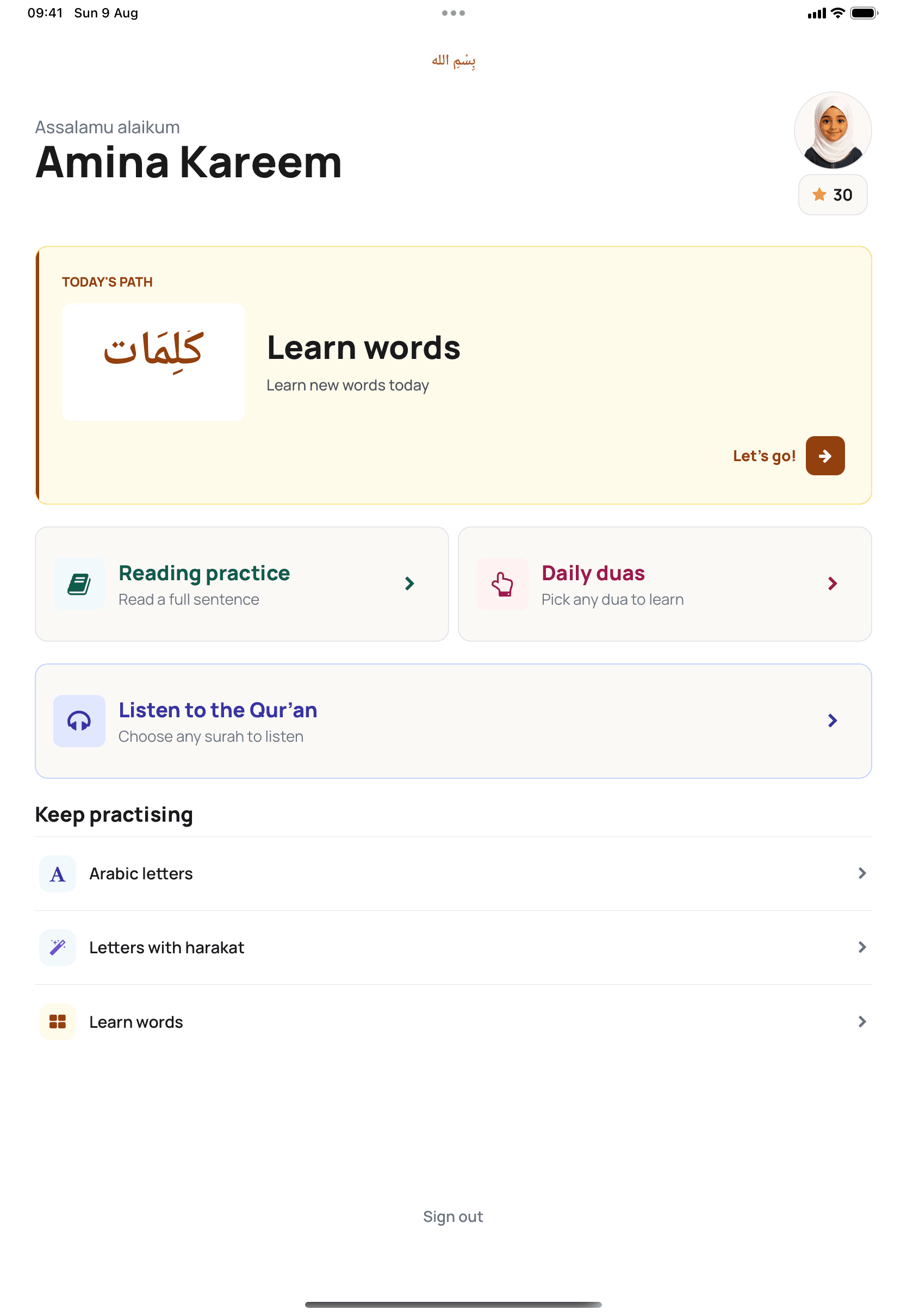 Kitaab Kids on iPad showing Amina Kareem's learning path and Qur'an Listening Mode
